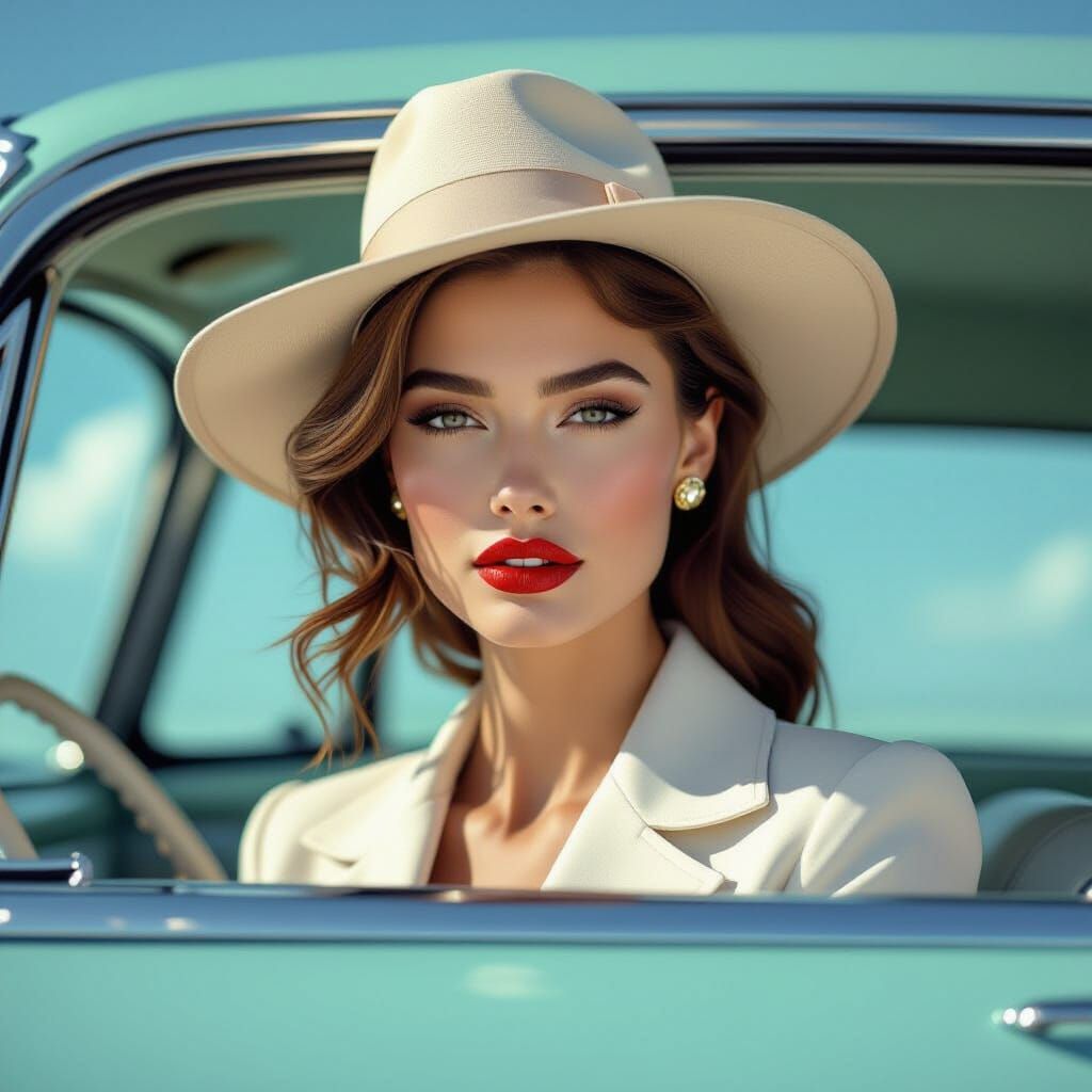 Glamorous Model in Vintage Car, Splash Art Style