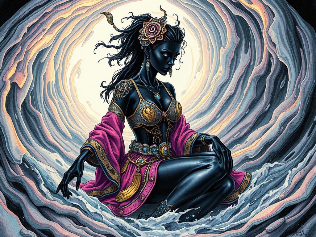 Surreal Dark-Energy Goddess in Whirlpool, Hyperrealistic Ink...