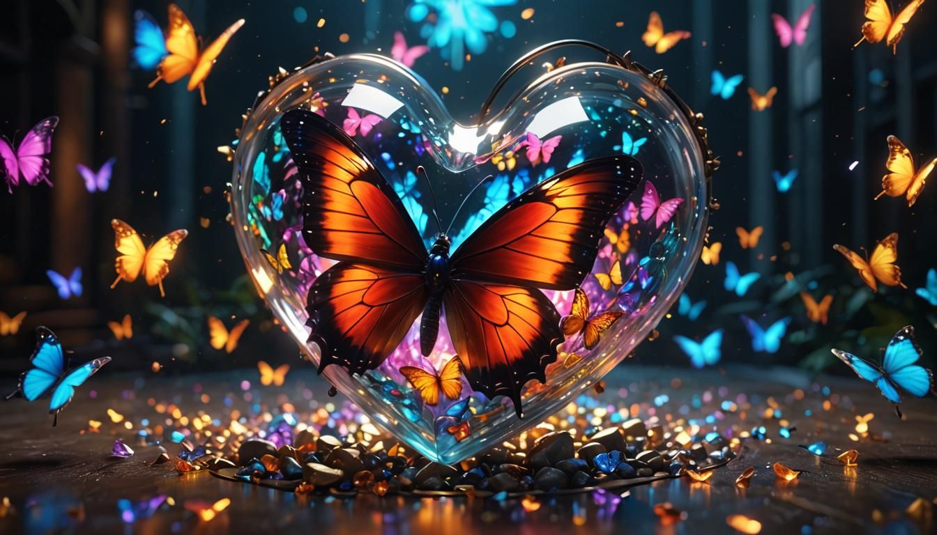 Glass Heart with Butterfly: Detailed Digital Art