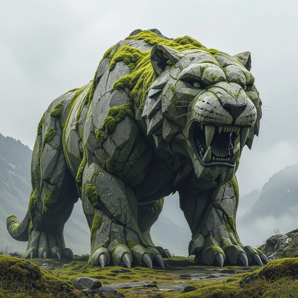 Massive Granite Sabre-Tooth Tiger Sculpture with Moss
