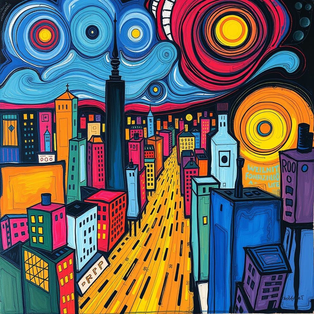 Vibrant Cityscape in Pointillist Style