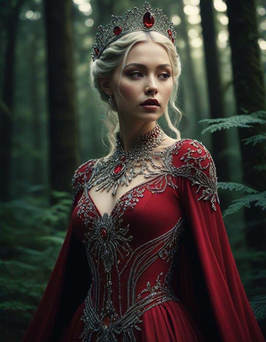 Dramatic Queen in Ruby Dress, Art Nouveau Style