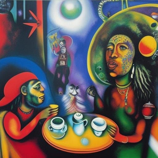 Rastafarians and Giant Bug in Space Coffee Shop