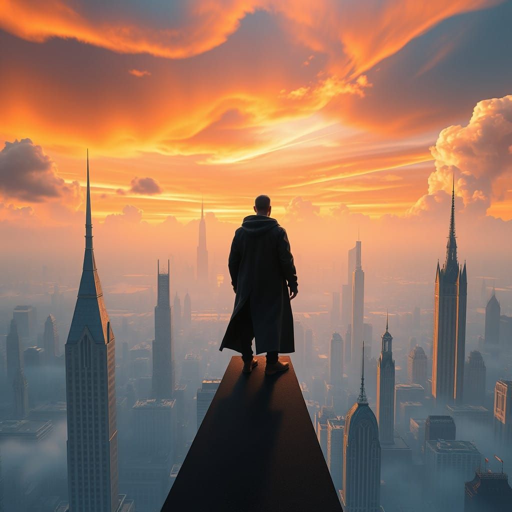 Man Stands at Edge of Futuristic Skyscraper Gazing Down at C...