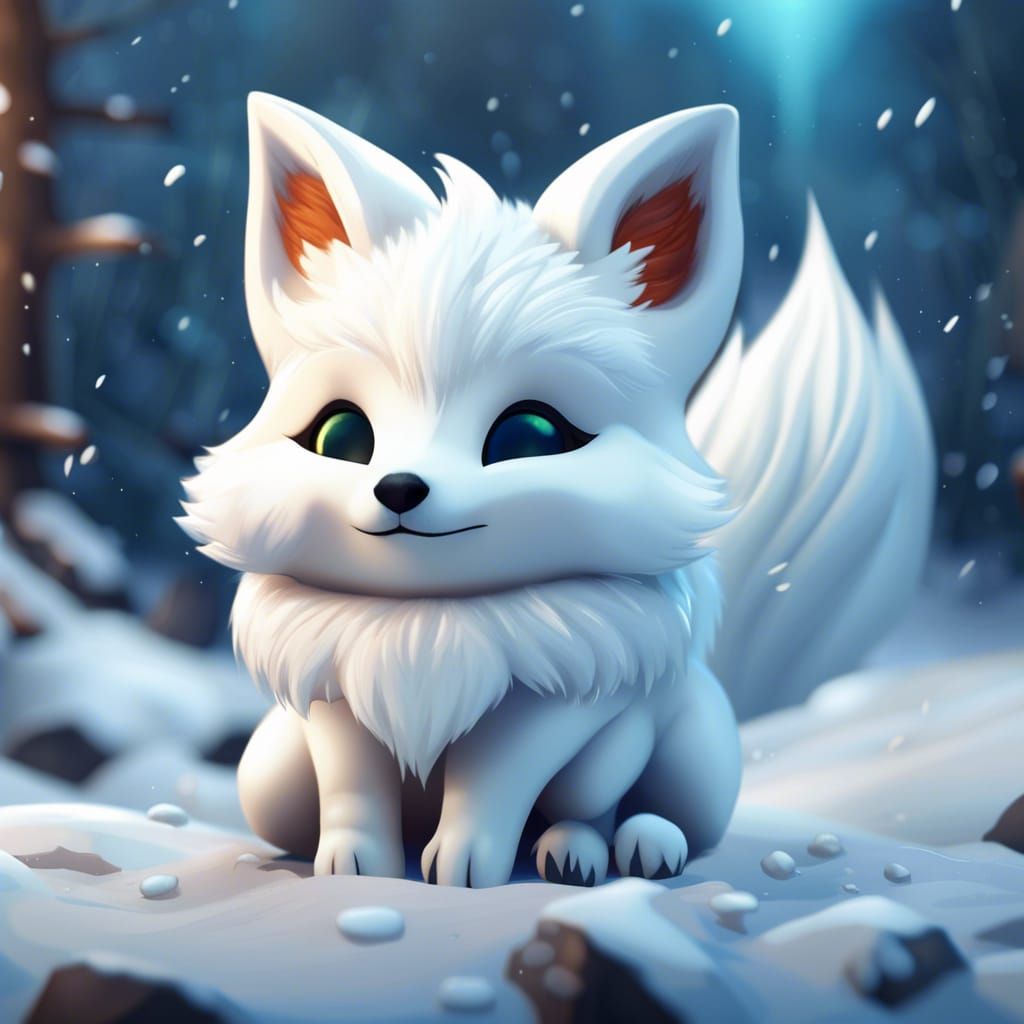 Chibi White Fox in Snowy Fantasy Landscape