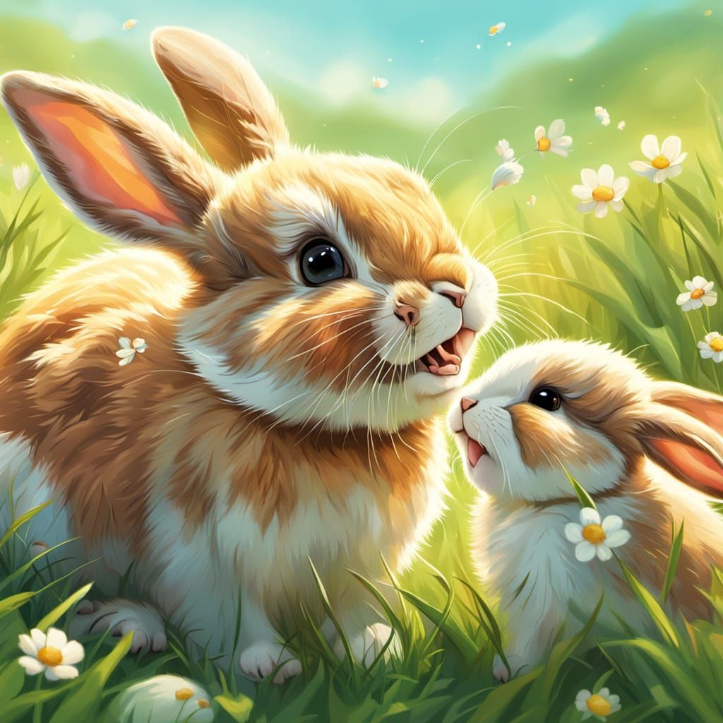 Playful Rabbits in Sunlit Meadow: Whimsical Digital Art