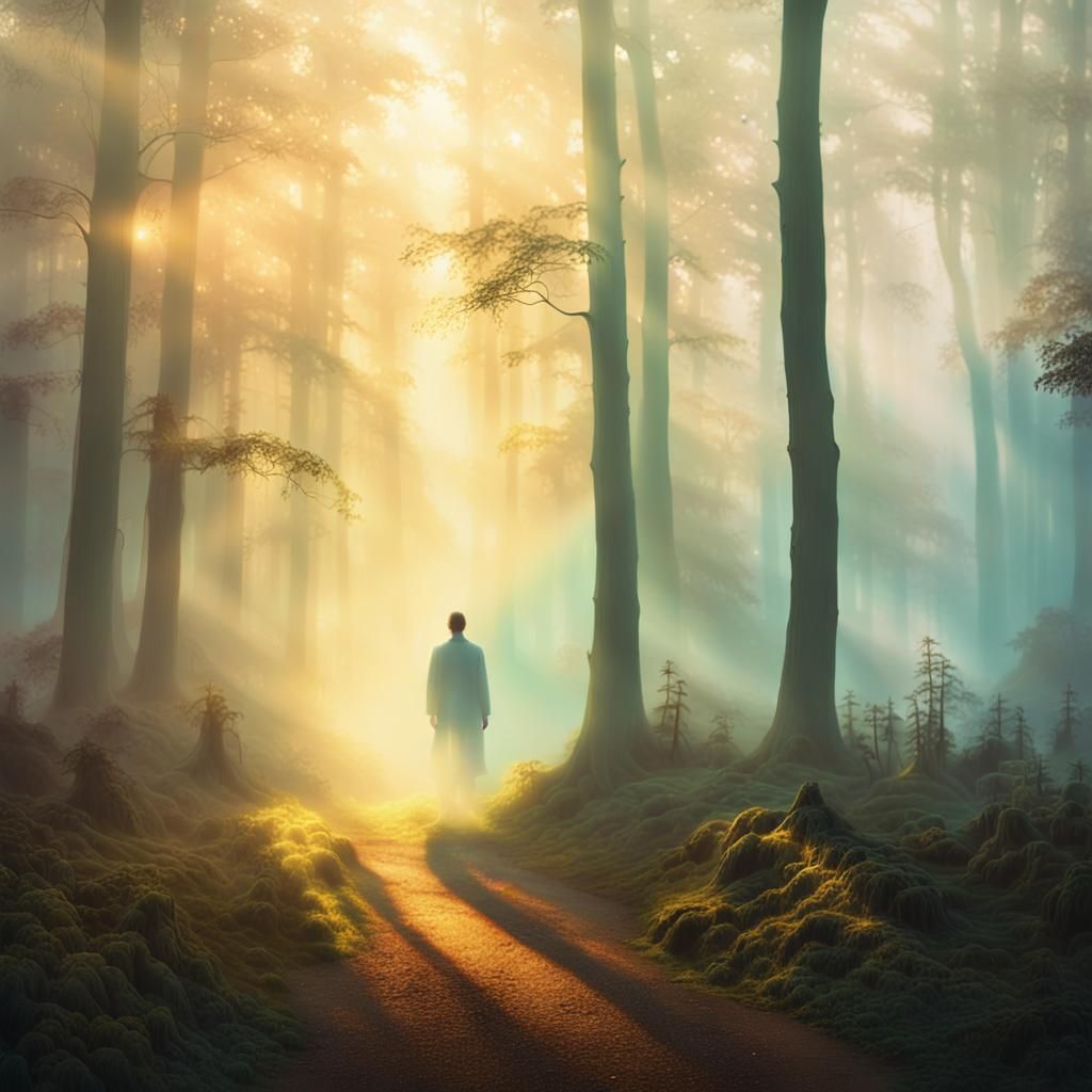 Ethereal Disappearance in Misty Forest: Surreal Oil Painting