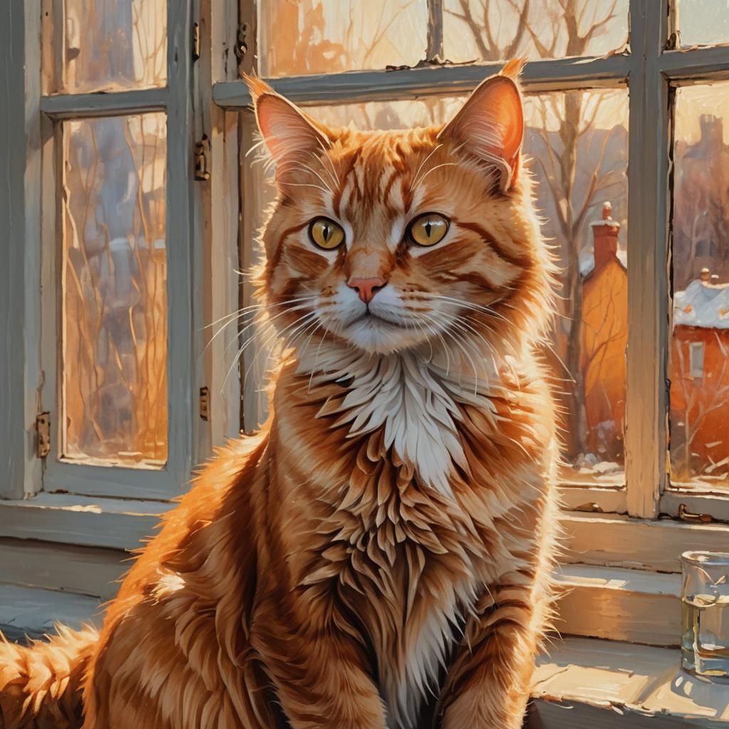Orange Cat on Windowsill: Oil Painting