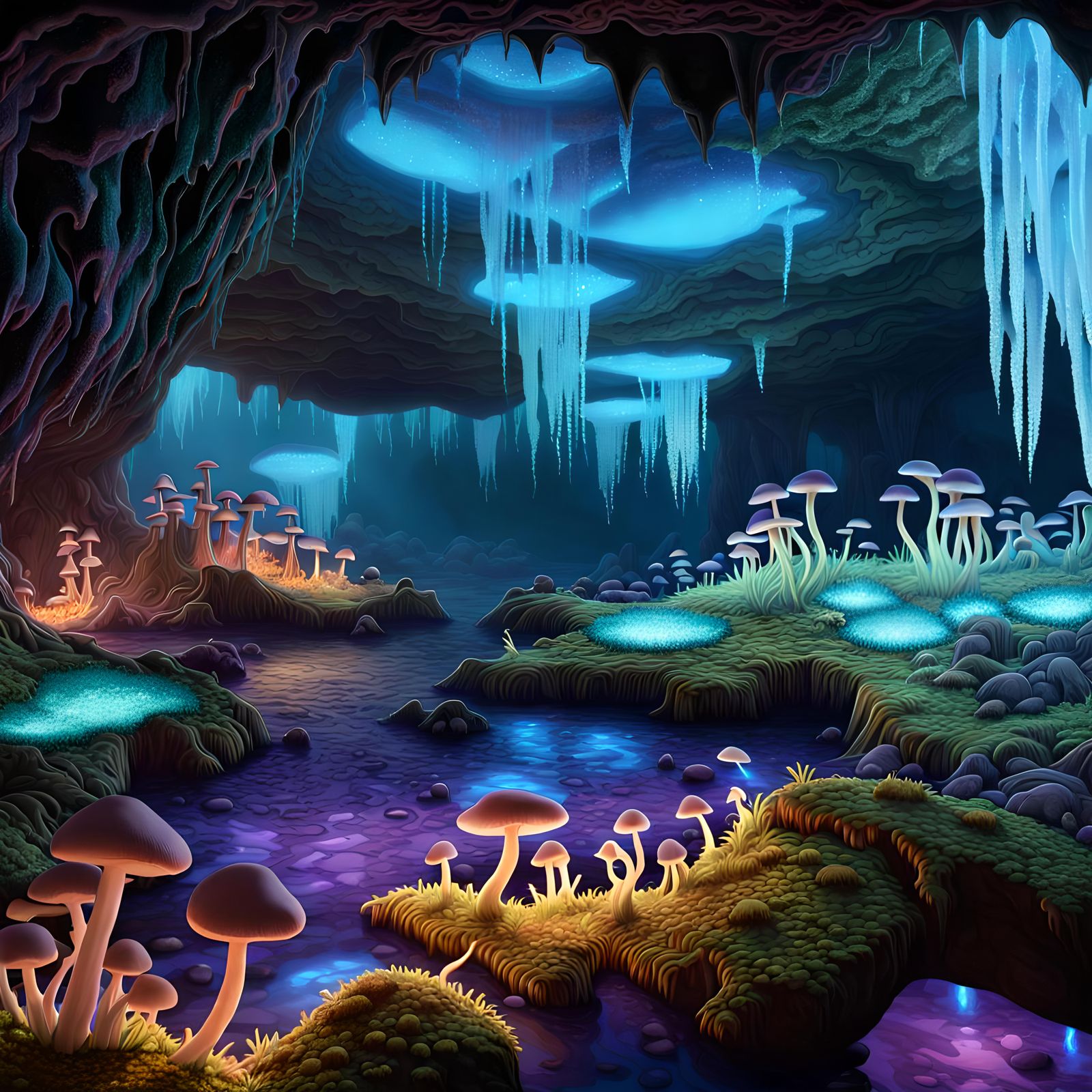 Bioluminescent Cave with Glowing Life, Hyperrealism