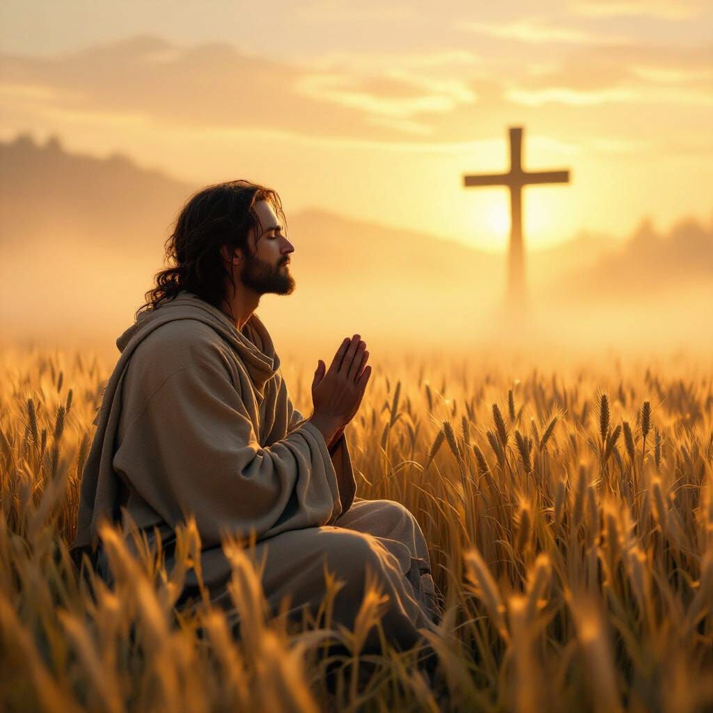 Wheat Field Prayer at Dawn in Matte Painting Style