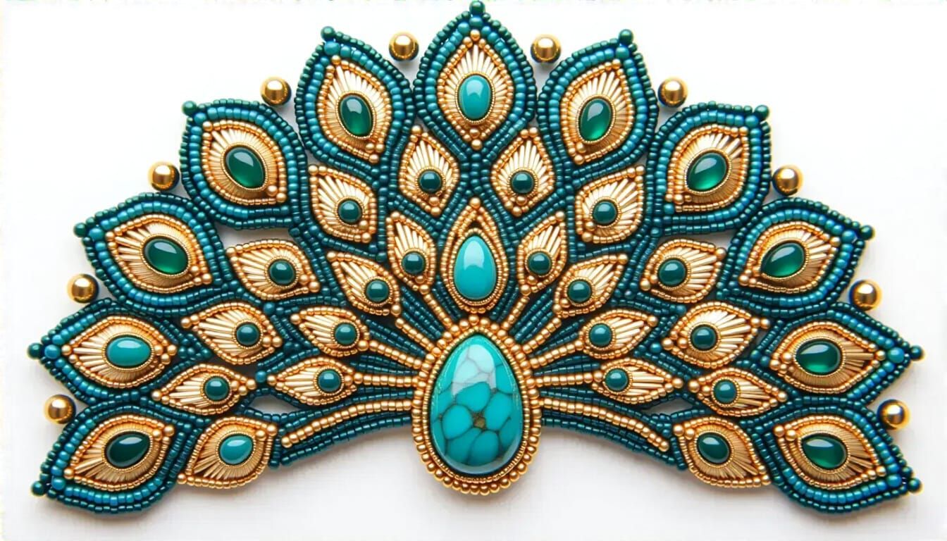 Peacock Tail Flat Beadwork with Teal, Gold, and Emerald Bead...