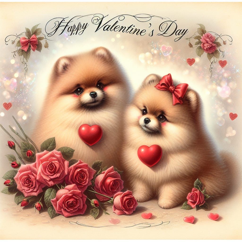 Vintage English Watercolor Valentine's Day Card with Pomeran...