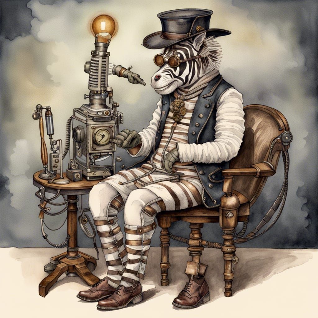 Steampunk Zebra in Victorian Outfit Watercolor Painting