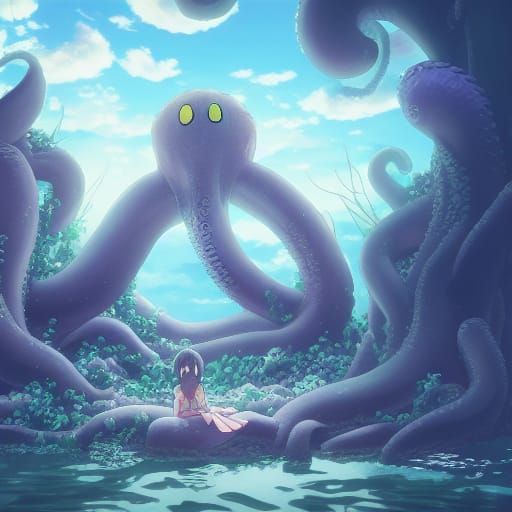 Tentacle Monster Harassing Girl in Anime Style