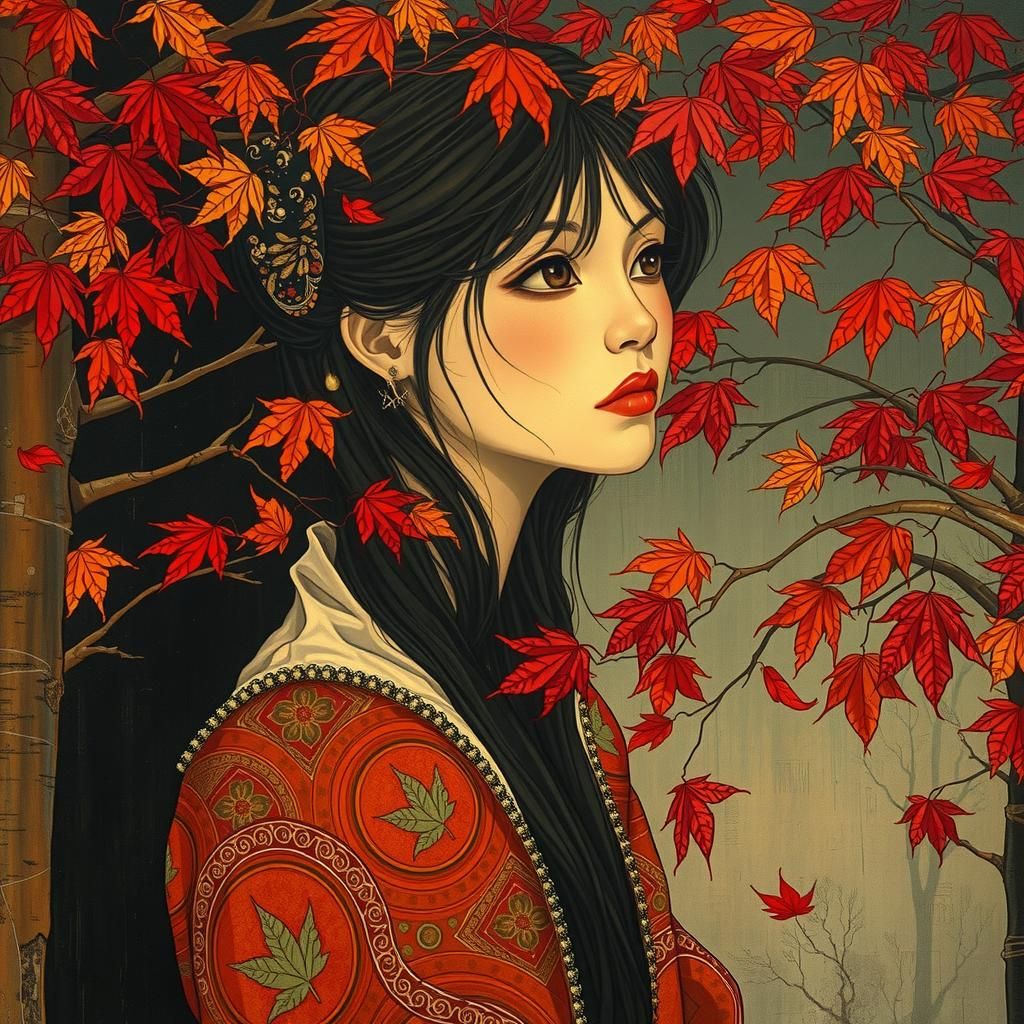 Autumnal Portrait of a Young Woman in Ukiyo-e Style