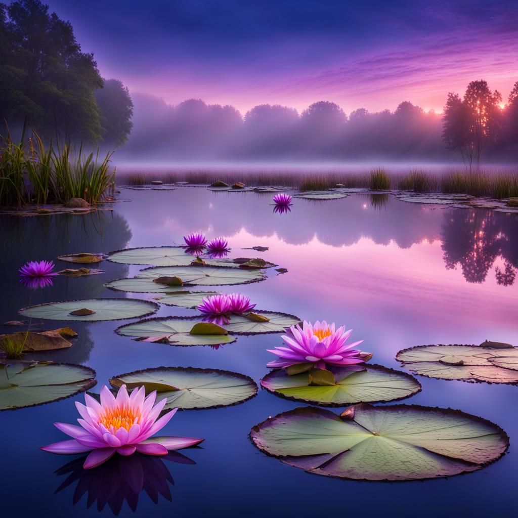 Water Lilies on Lake with Purple Sunshine