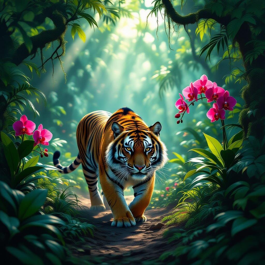 Majestic Tiger in Mystical Jungle Clearing, Hyperrealistic D...