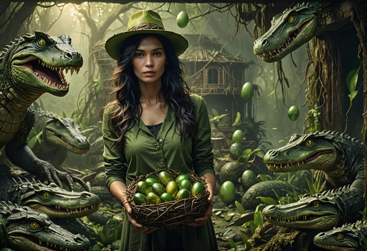 Crocodile Woman Holding Nest of Eggs