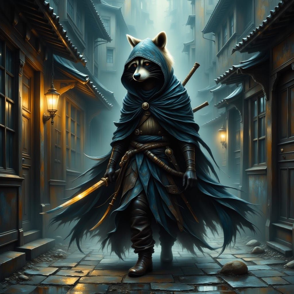 Raccoon Ninja in Gritty Alleyway, Ashley Wood Style