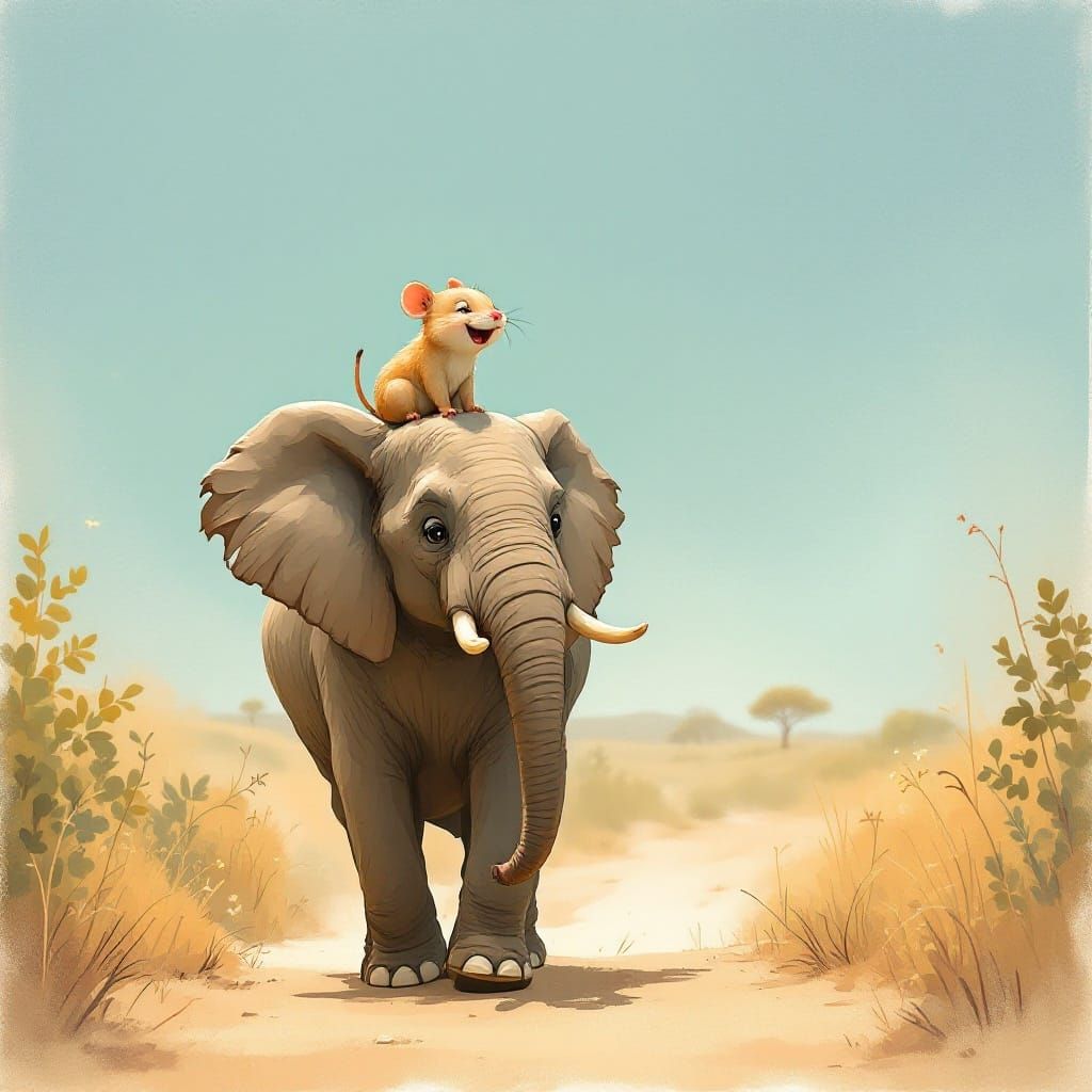 Gerbil and Elephant Friendship on a Dusty Road