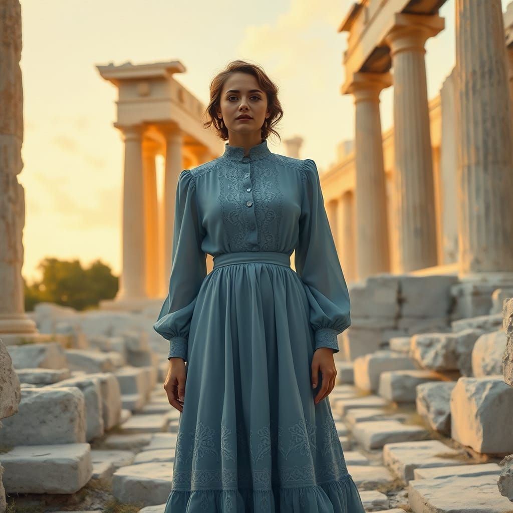 Woman in Shirtwaist Dress at the Acropolis