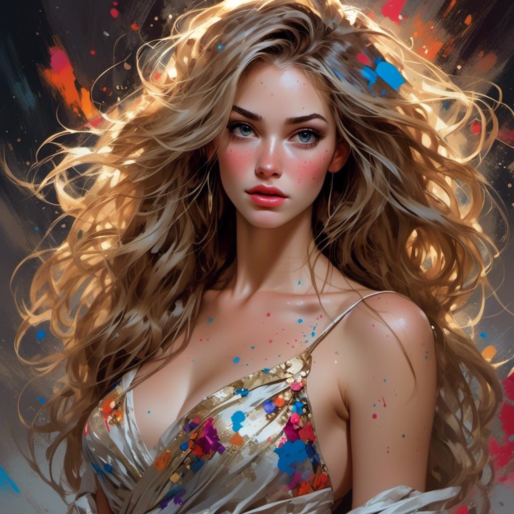 Beautiful Woman Covered in Paint, Hyperdetailed Portrait
