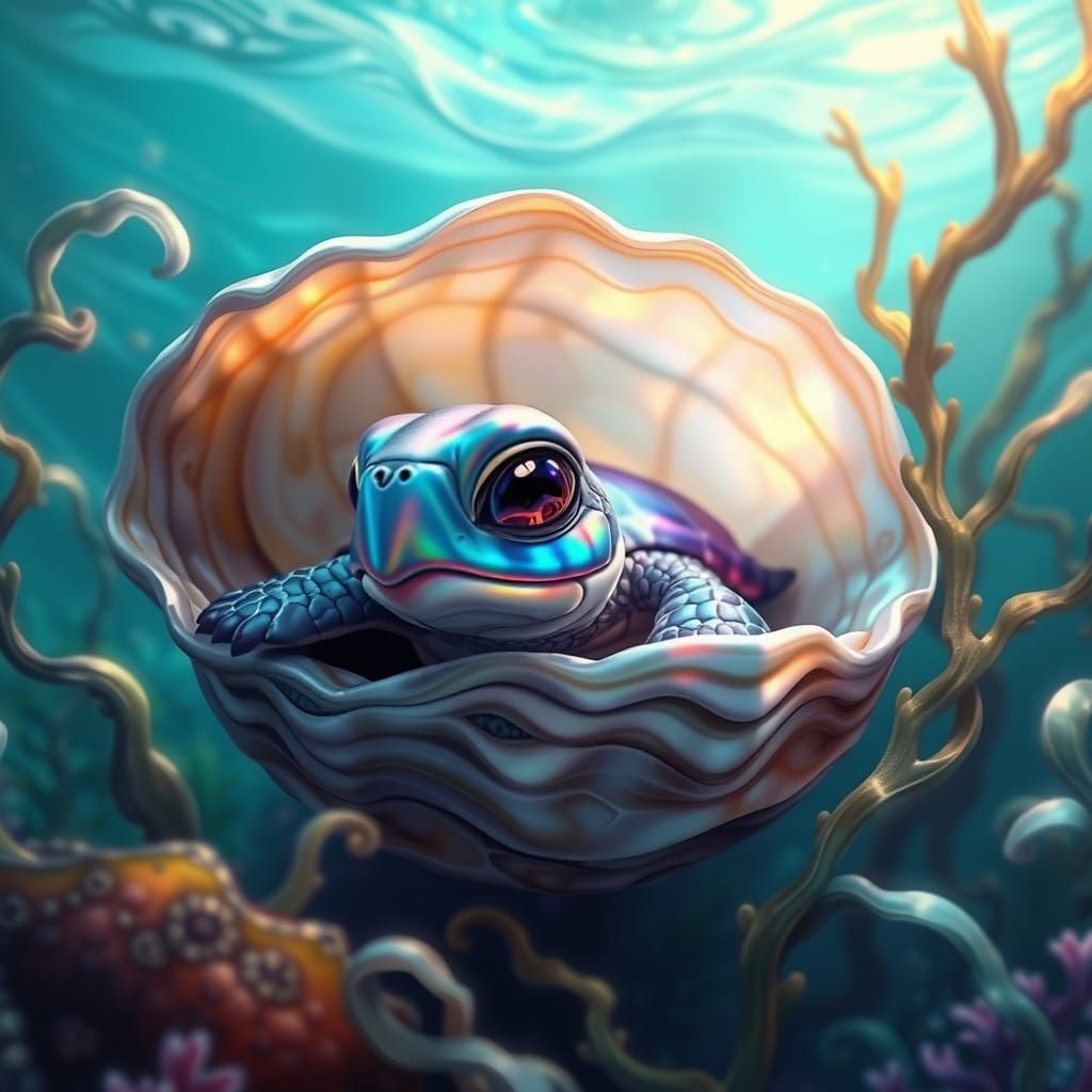 Mystical Turtle Emerge from Oyster Shell in Shimmering Ocean...