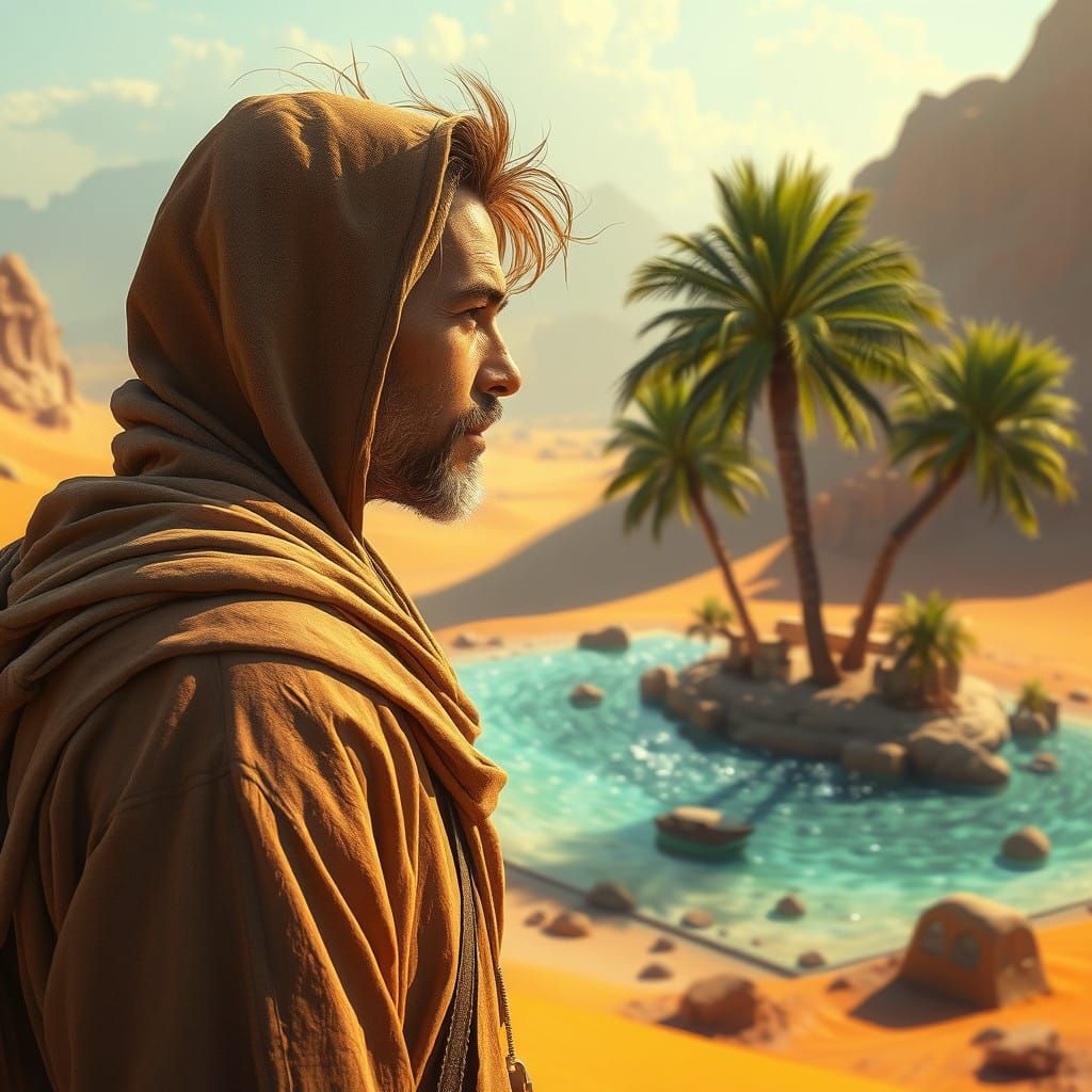 A Thirsty Traveler Sees a Breathtaking Oasis in the Desert