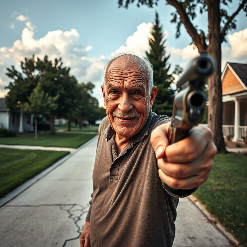 Grinning Elderly Man with Revolver in Hyperrealistic Photo