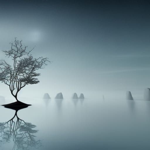 Liquid Metal Trees Reflect Sky in 3D Digital Art
