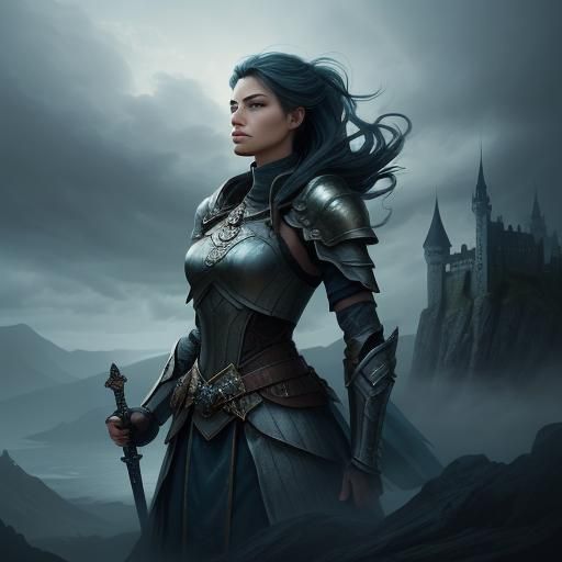 Female Warrior Overlooking Castle: Fantasy Illustration