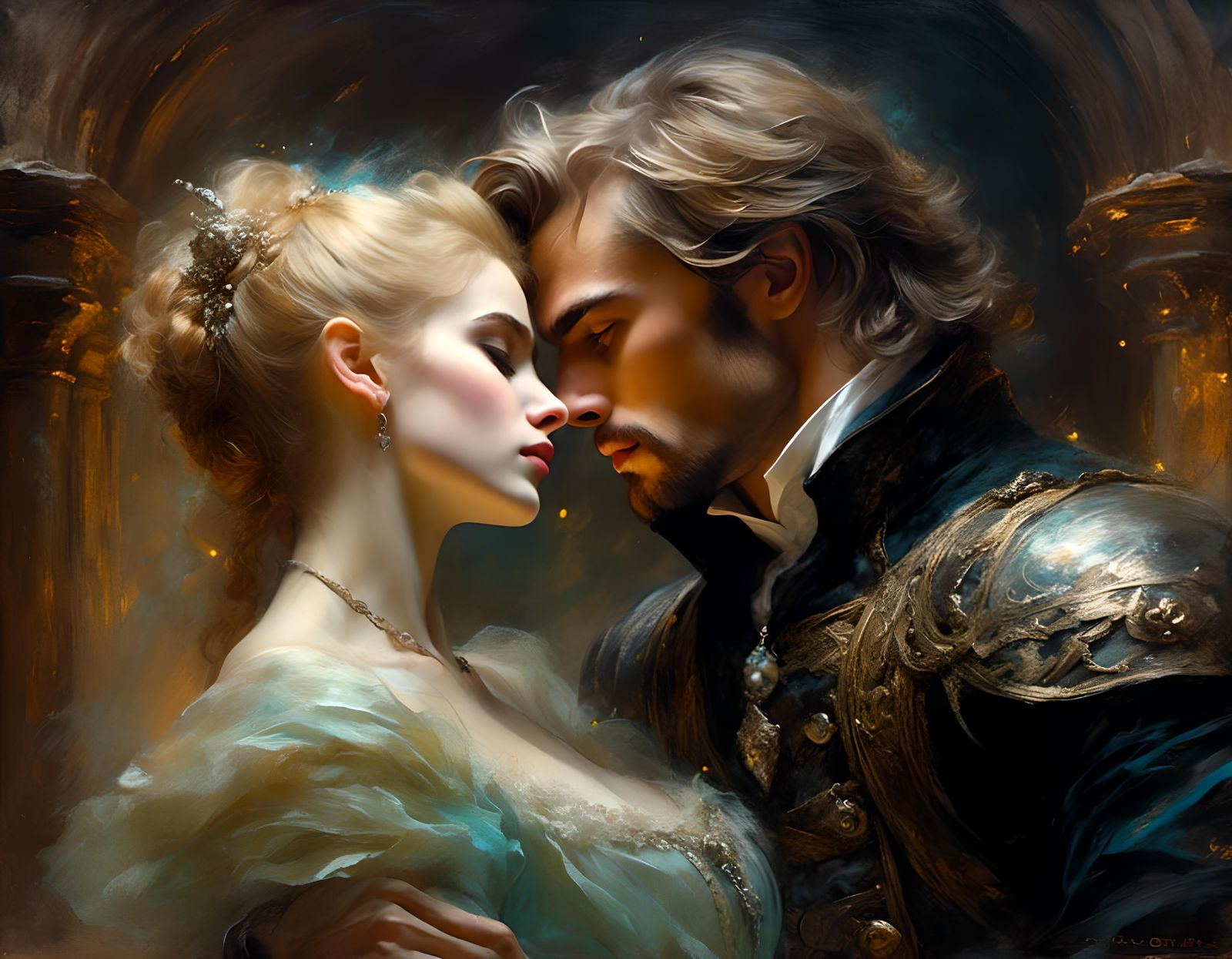 Passionate Kiss in a Gothic Dungeon, Edwardian Pastel Painti...