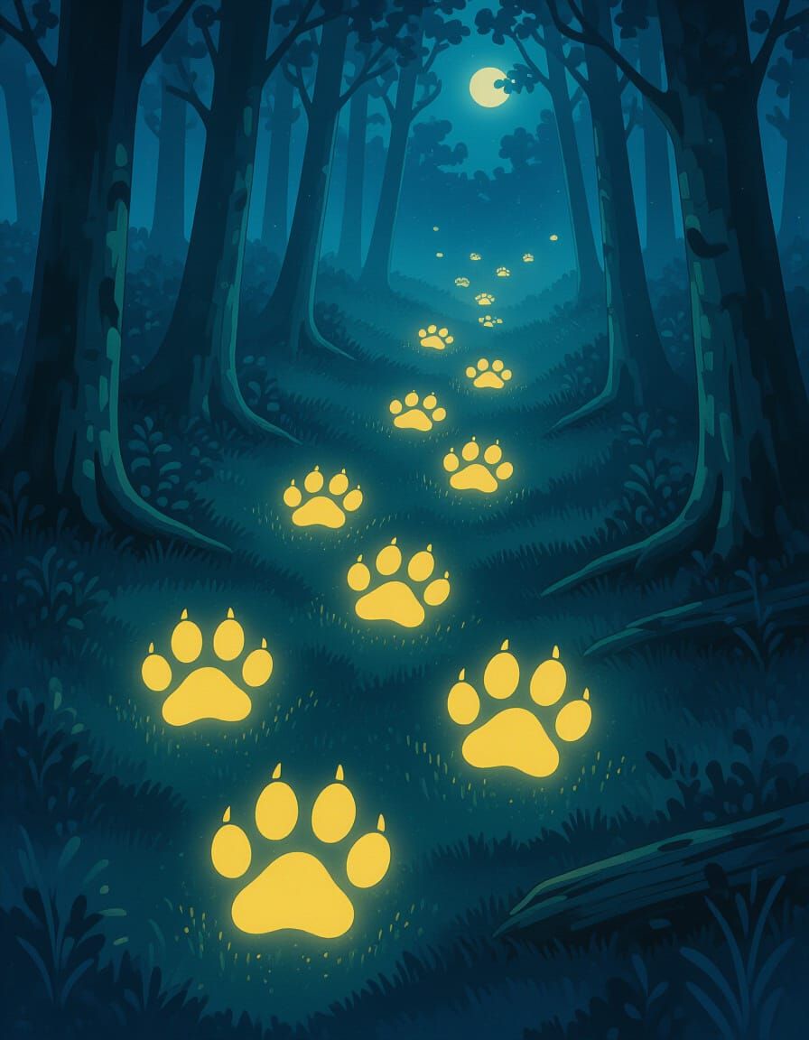 Glowing Wolf Pawprints in Mystical Forest