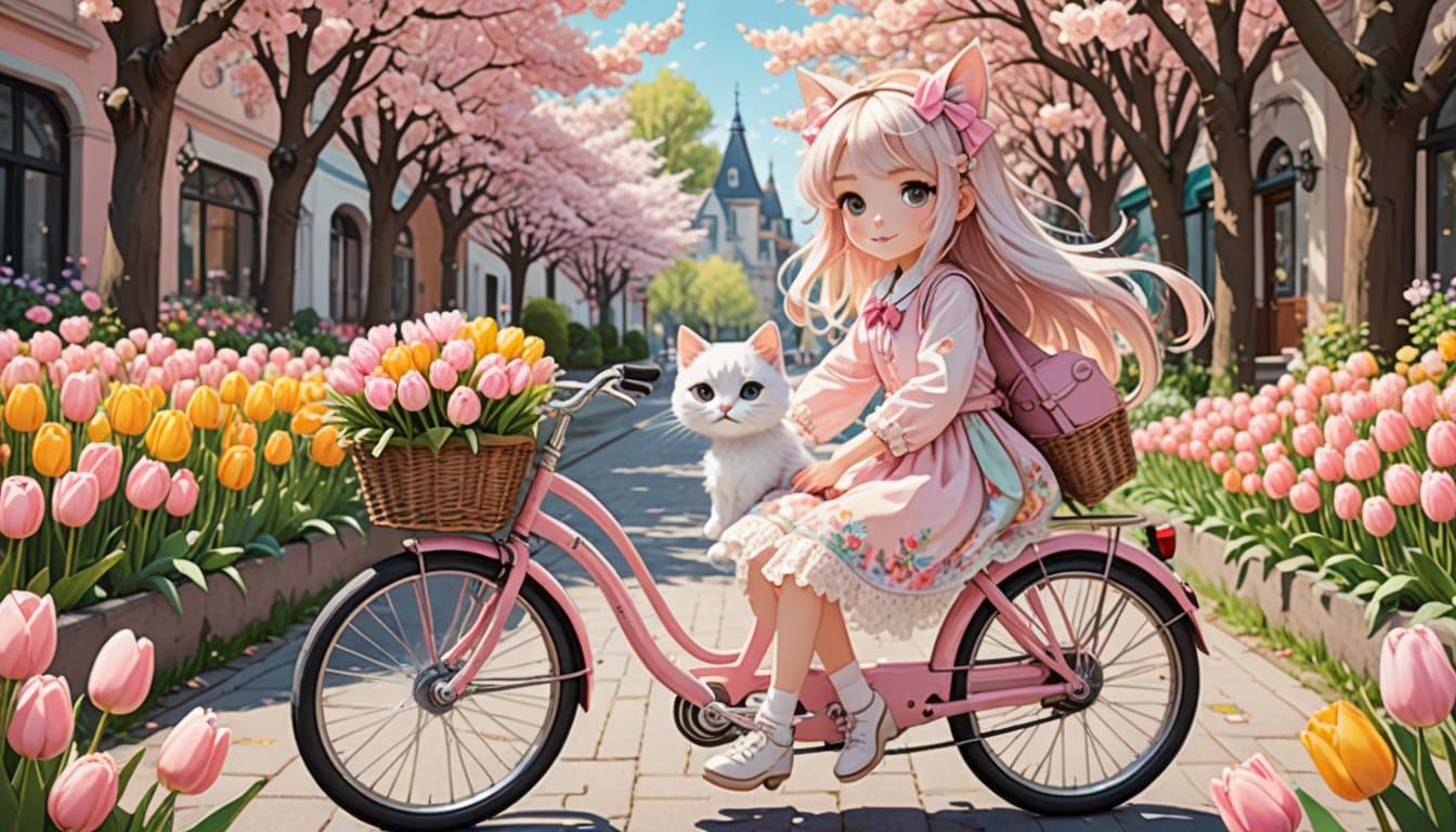 Cartoon Girl on Pink Bicycle with Flowers