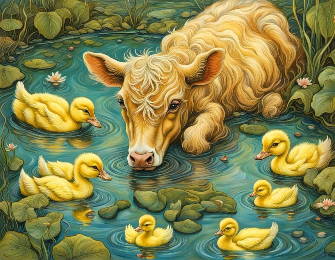 Mini Calf and Ducklings in Pond: Fantasy Illustration
