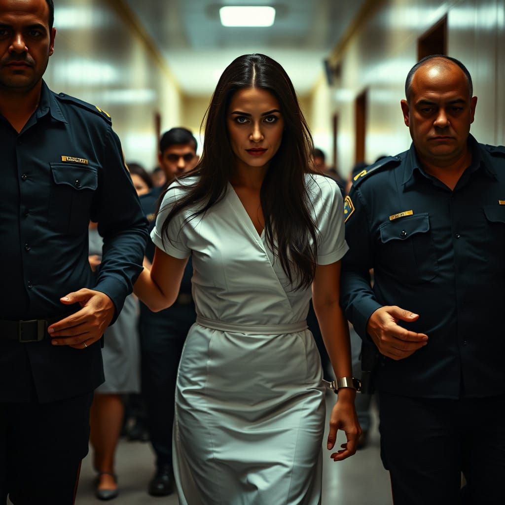 Depressed Woman in White Scrub Dress Escorted by Guards in C...