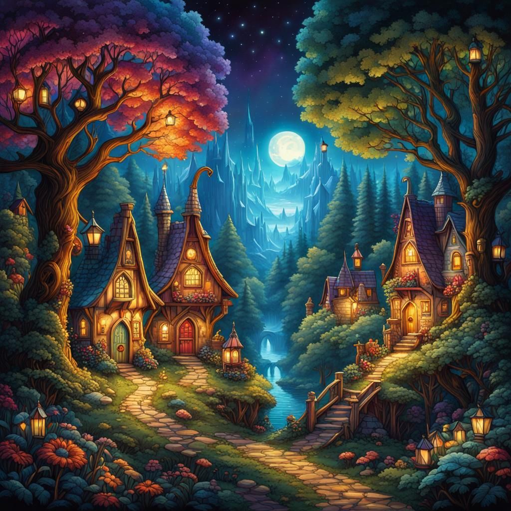 Enchanted Fairy Village Illustration with Luminous Lighting
