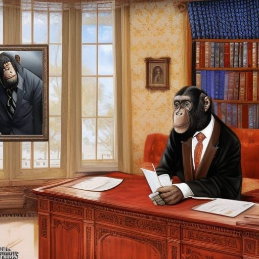 Chimpanzee President in Oval Office, Digital Painting