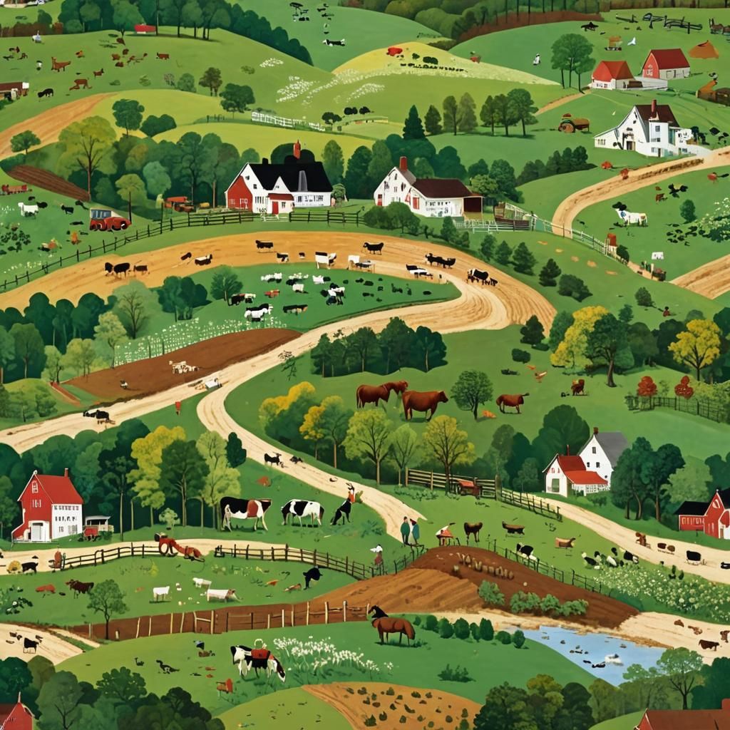 Idyllic Rural Scene in Naive Art Style