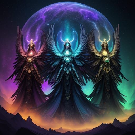 Majestic, Three-Headed Avian in Cosmic Realism