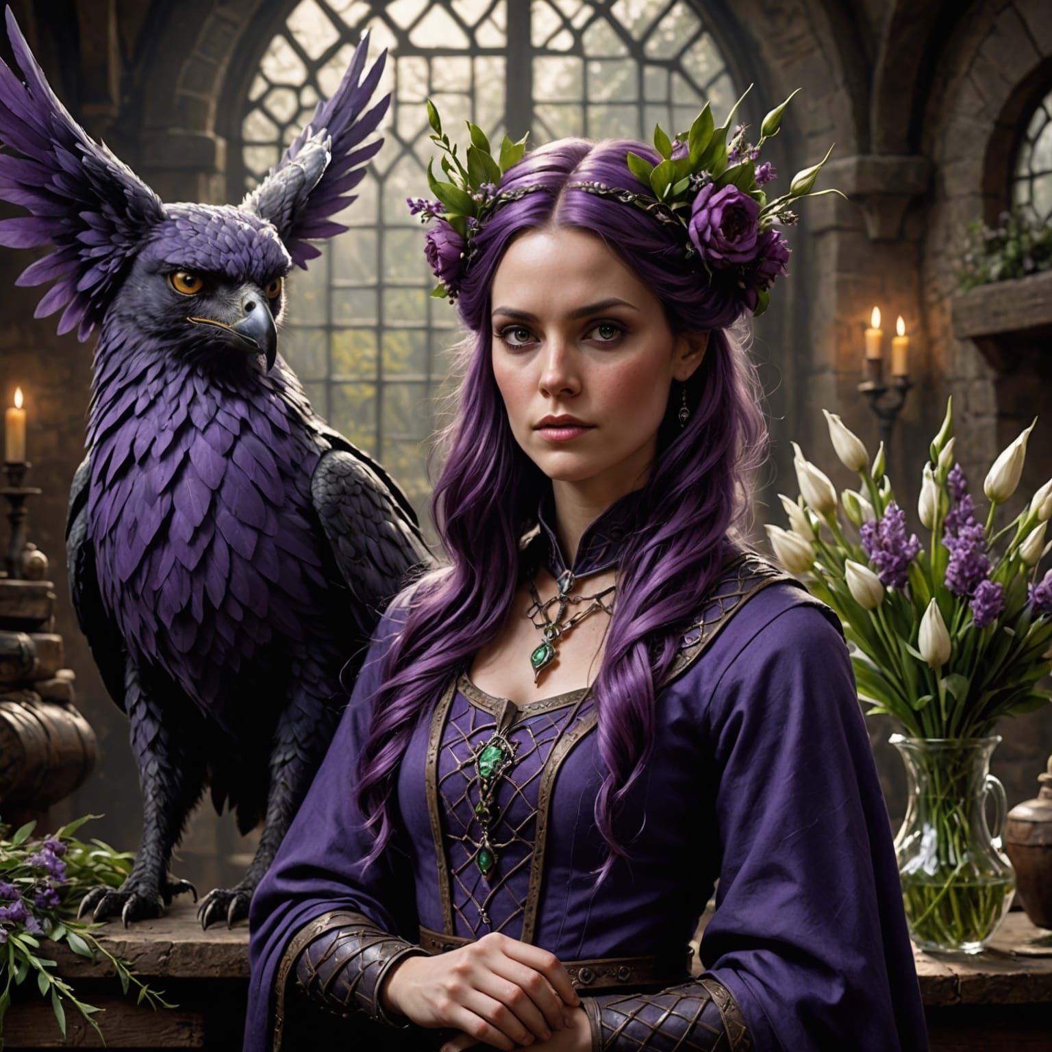 Celtic Goddess Prepares Imbolc Bouquet in Dark Fantasy Ateli...