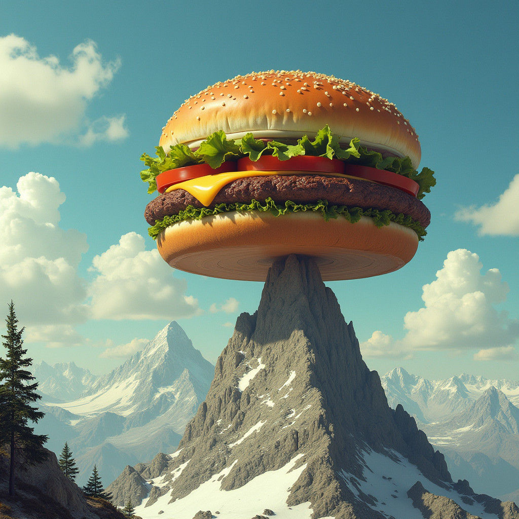 Giant Burger Atop Mountain Peak: Surreal Art