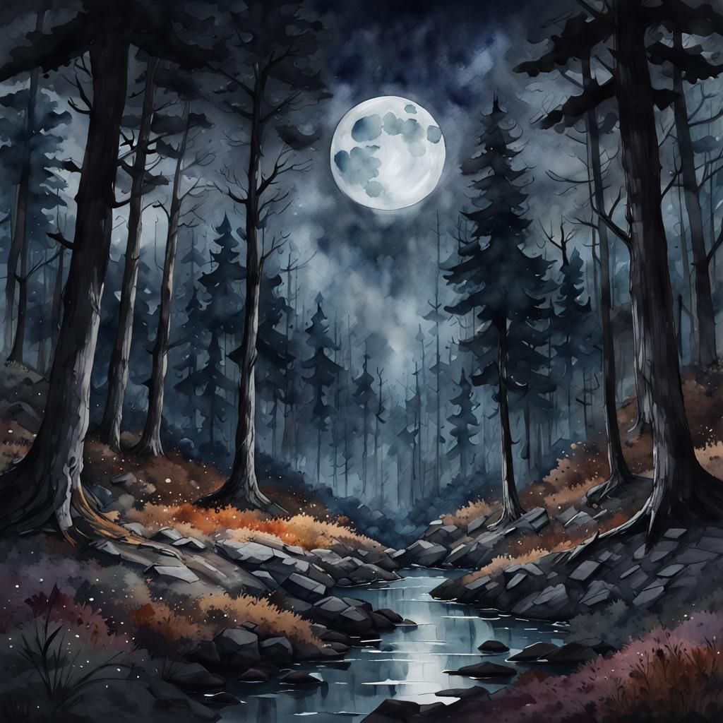 Moody Forest at Night in Dark Watercolor