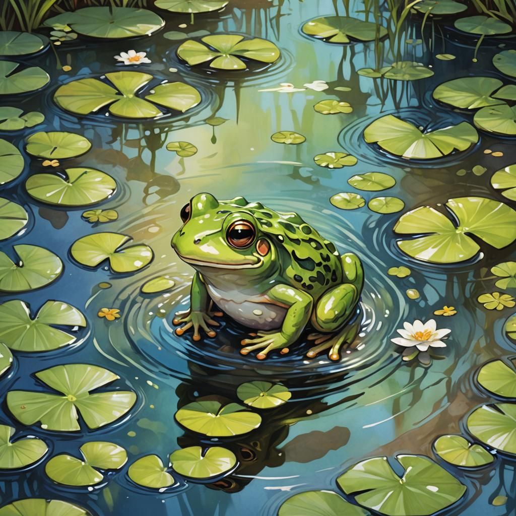 Cute Chibi Frog in Puddle, Dreamlike Fantasy Style
