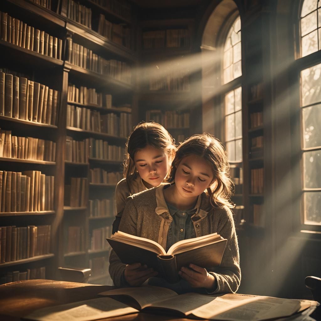 Girl Reads in Library with Cinematic Lighting