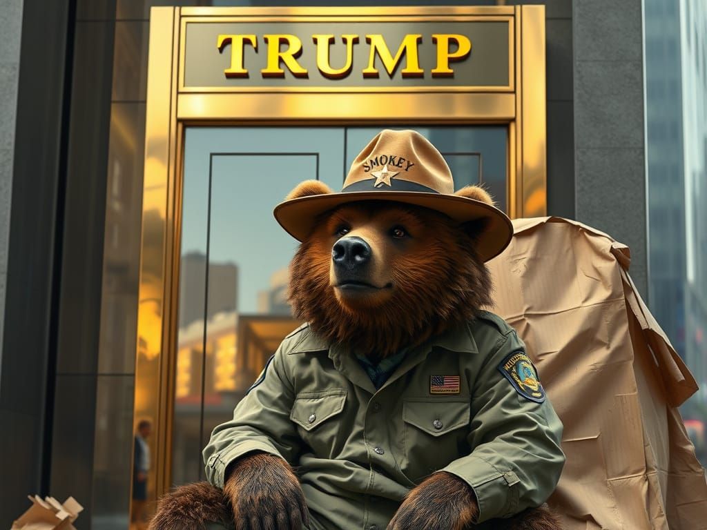 Smokey Bear in Disheveled Ranger Uniform Outside Trump Tower