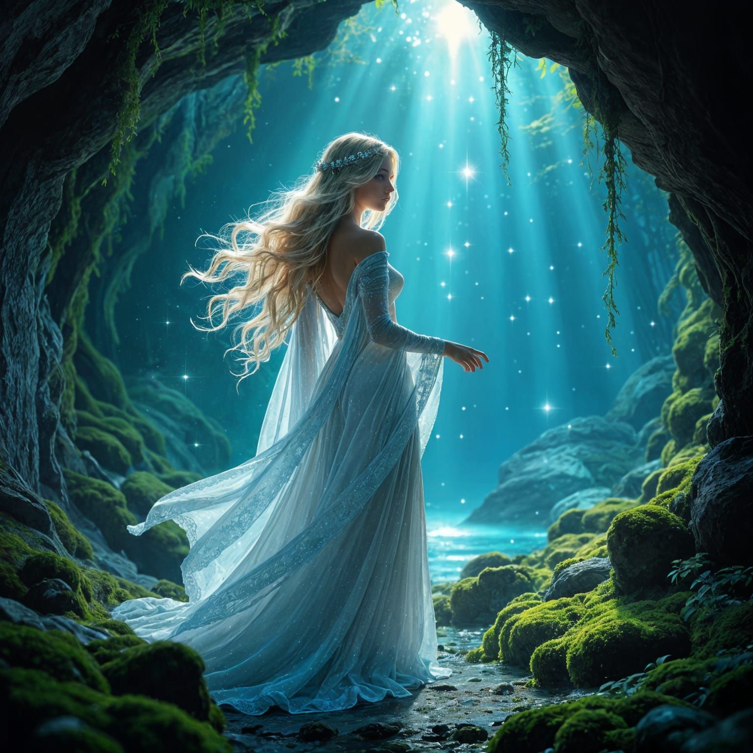 Celestial Goddess in Bioluminescent Grotto, Digital Painting