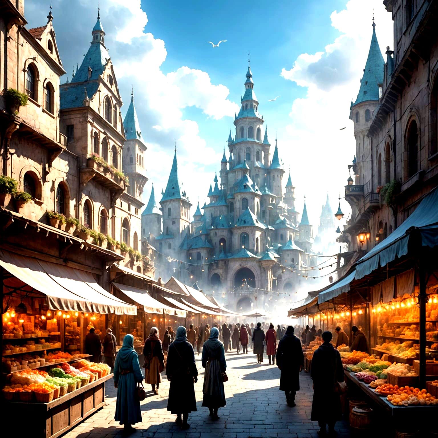 Ethereal Cloud City Marketplace with Ethereal Beings