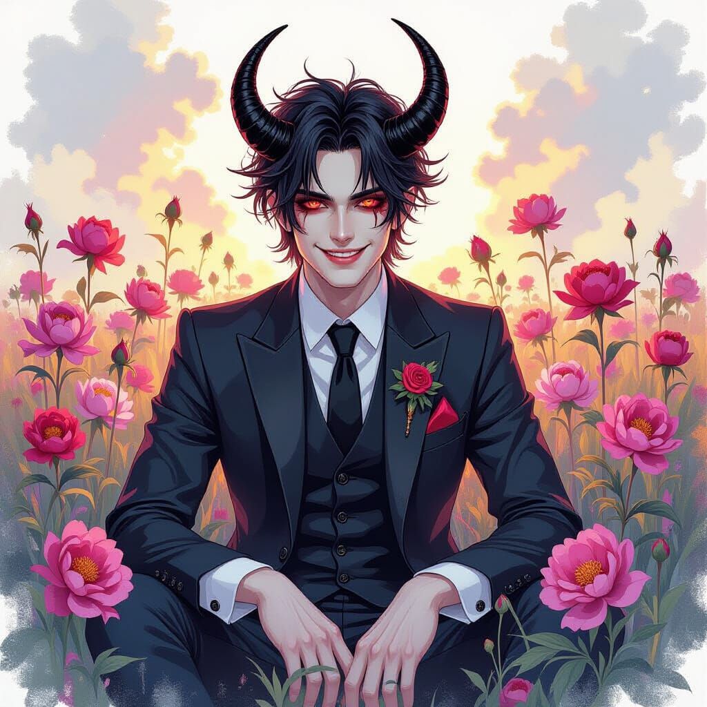 Gothic Punk Smiling in Peony Field, Watercolor Style