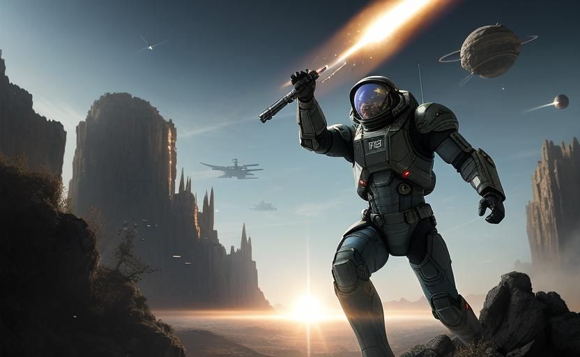 Sci-Fi Soldier Falling to Alien Planet